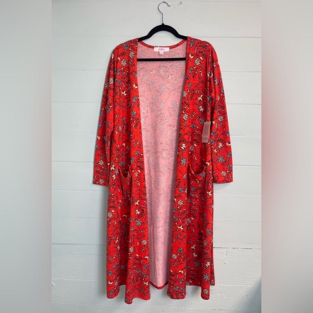 LulaRoe Burnt Long Orange/Red Floral Cardigan - Size Medium